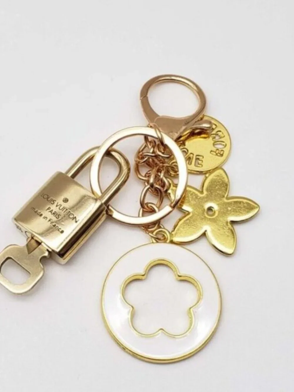 LV Gold Padlock Authentic 🔑 Luxury Bag Charm w/ Unbranded Flower Keychain